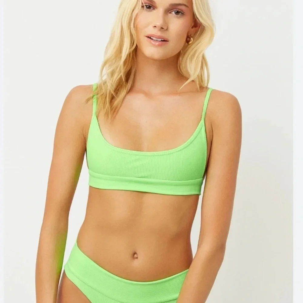 New! Frankies Bikinis neon green ribbed bikini top 19379